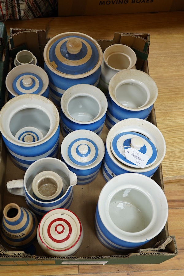 A large collection of Cornishware, cheese dome, butter, sugar, dishes etc